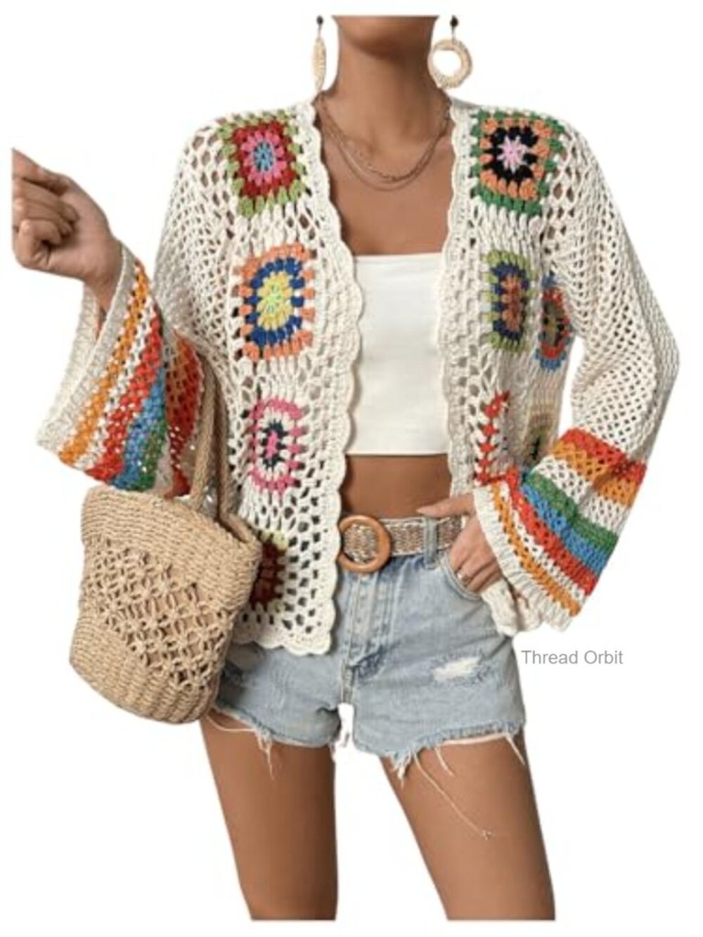 Women's Floral Crochet Cardigan Long Sleeve Lightweight Open Front Sweater